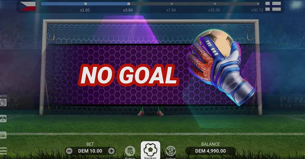 No Goal banner with a goalkeeper glove after a saved kick in the demo
