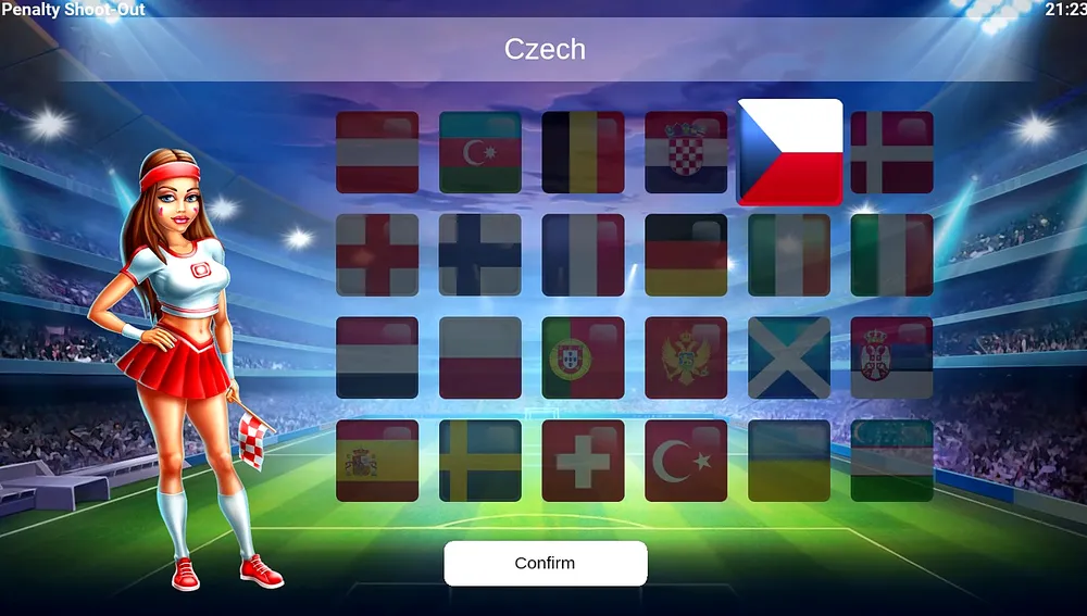 Team selection screen with a grid of national flags and Confirm button