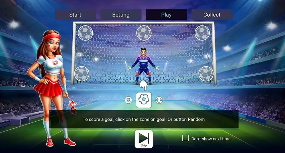 Tutorial screen showing the five target balls and the Random kick button