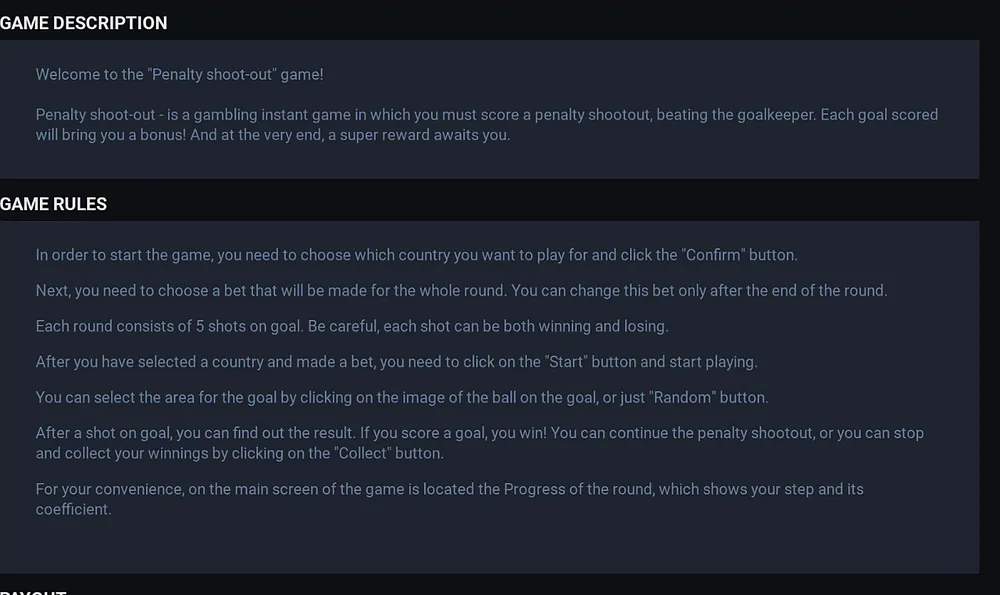 In-game rules page explaining country choice, bet, five shots and Collect