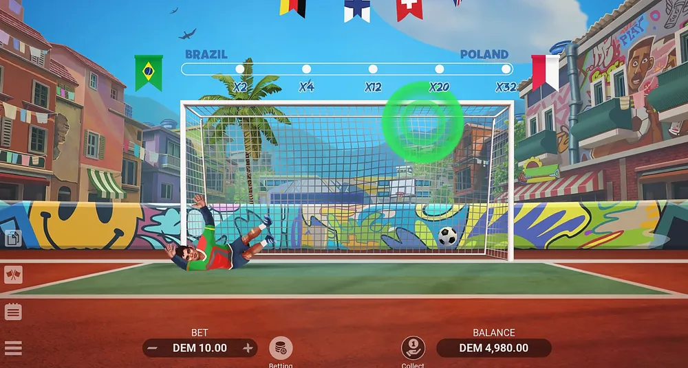 Street goalkeeper dives left as the ball heads for the right side of the net
